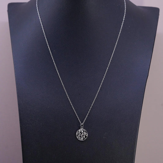 18", vintage Sterling silver necklace, 925 circle chain filigree leaves pendant