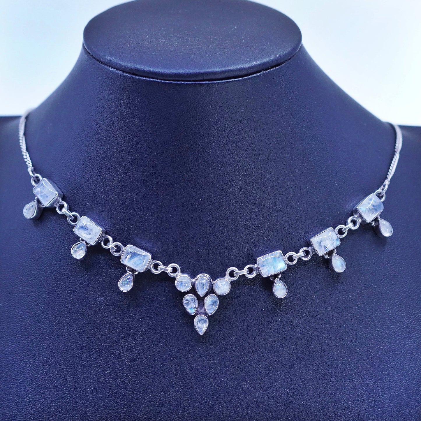 16”, vintage Sterling 925 silver handmade necklace with moonstone pendants