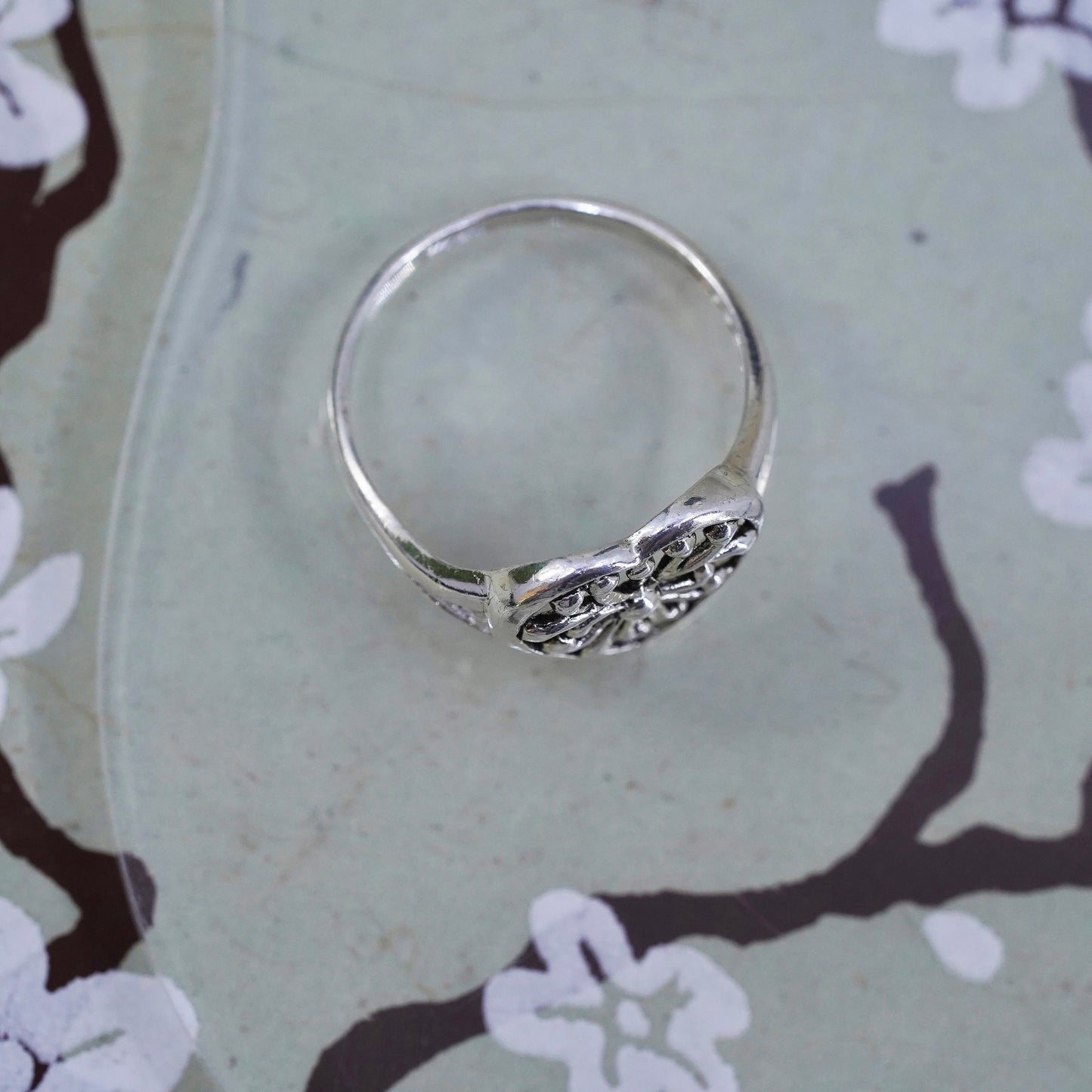 Size 7.5, Vintage sterling silver handmade wired ring, 925 filigree heart band