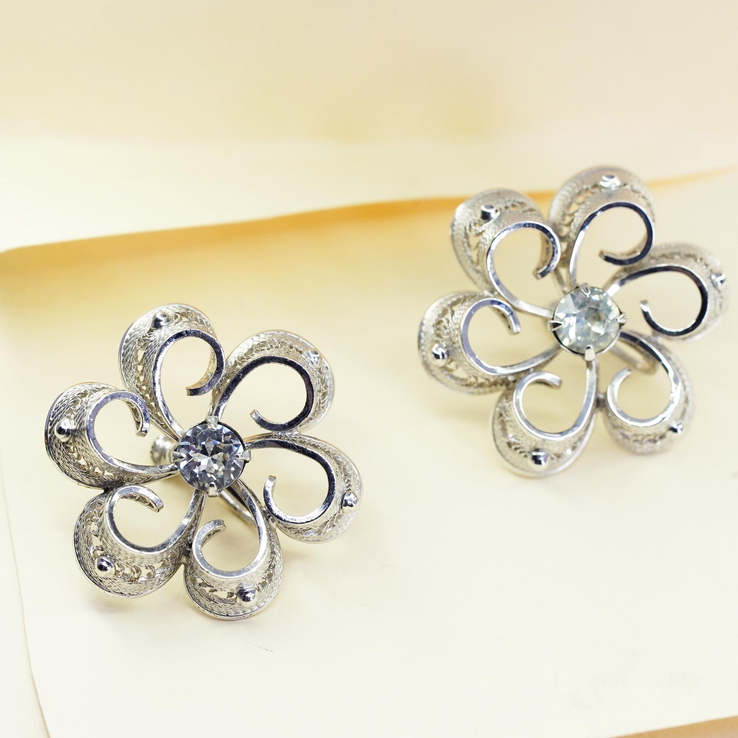 1950s sterling 925 silver earrings snowflake screw back earrings rhinestone