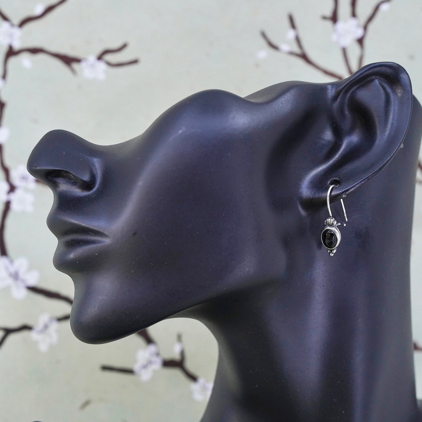 Vintage sterling 925 silver handmade earrings with oval onyx
