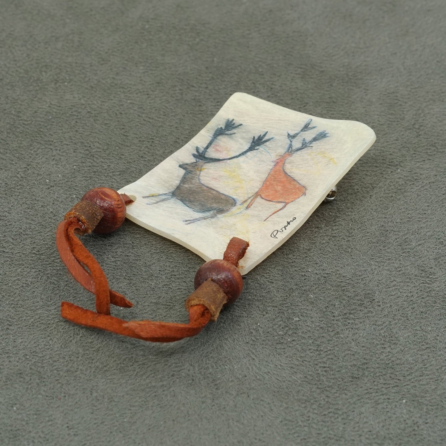 Vintage handmade brooch with leather fringe and deer painting