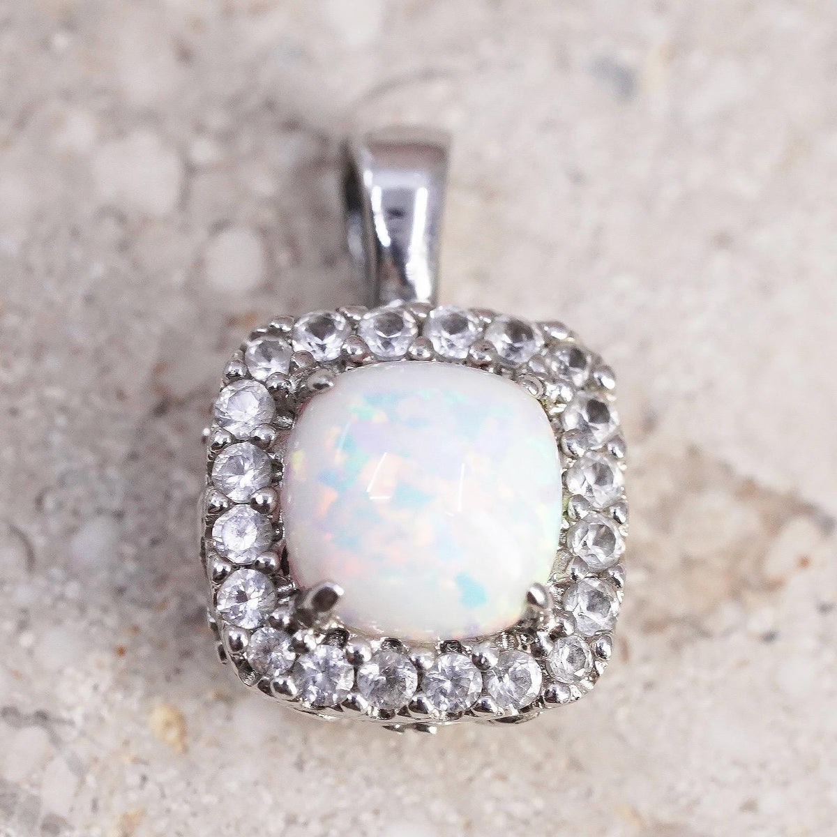 Vintage Sterling 925 silver square opal pendant with genuine diamond holo