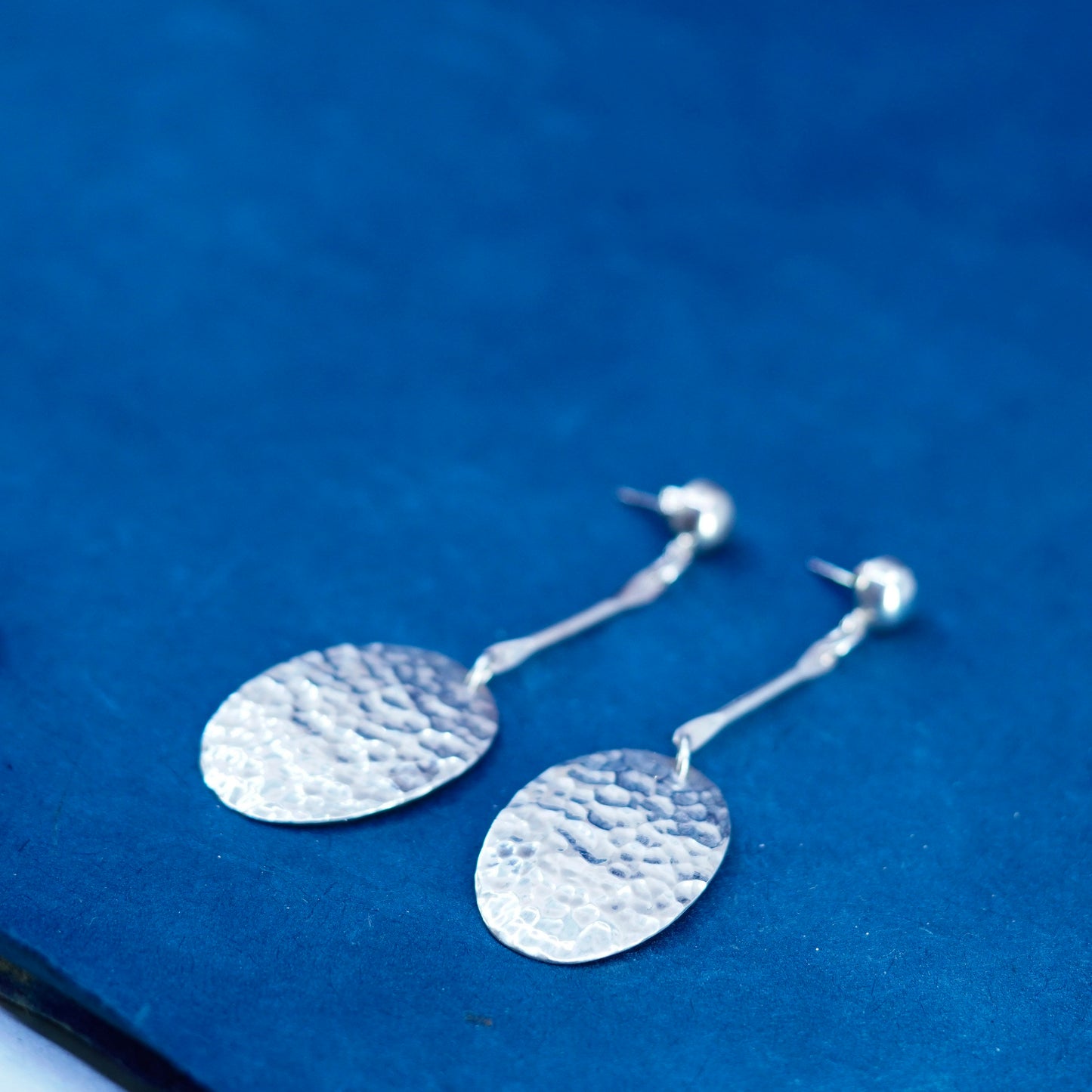 Vintage Mexican Royal Caro 925 Silver Dangle Earrings Oval Hammered 3 Inch Drop