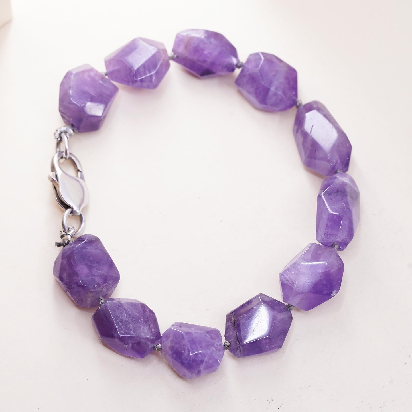 7.5" Vintage Sterling 925 silver handmade bracelet, natural amethyst nugget