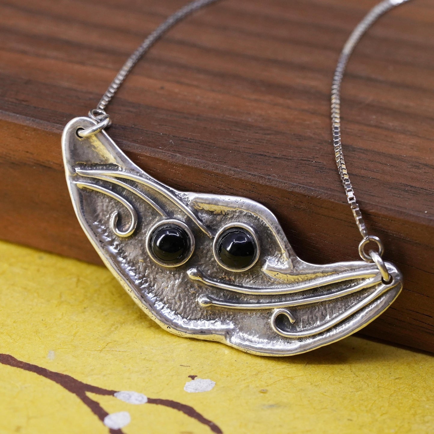 18”, vintage Addy Ronen Israel Sterling Silver Necklace, box chain onyx pendant