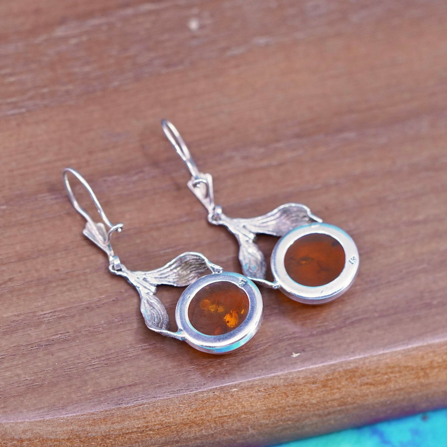 Vintage sterling 925 silver handmade leafy earrings with round amber