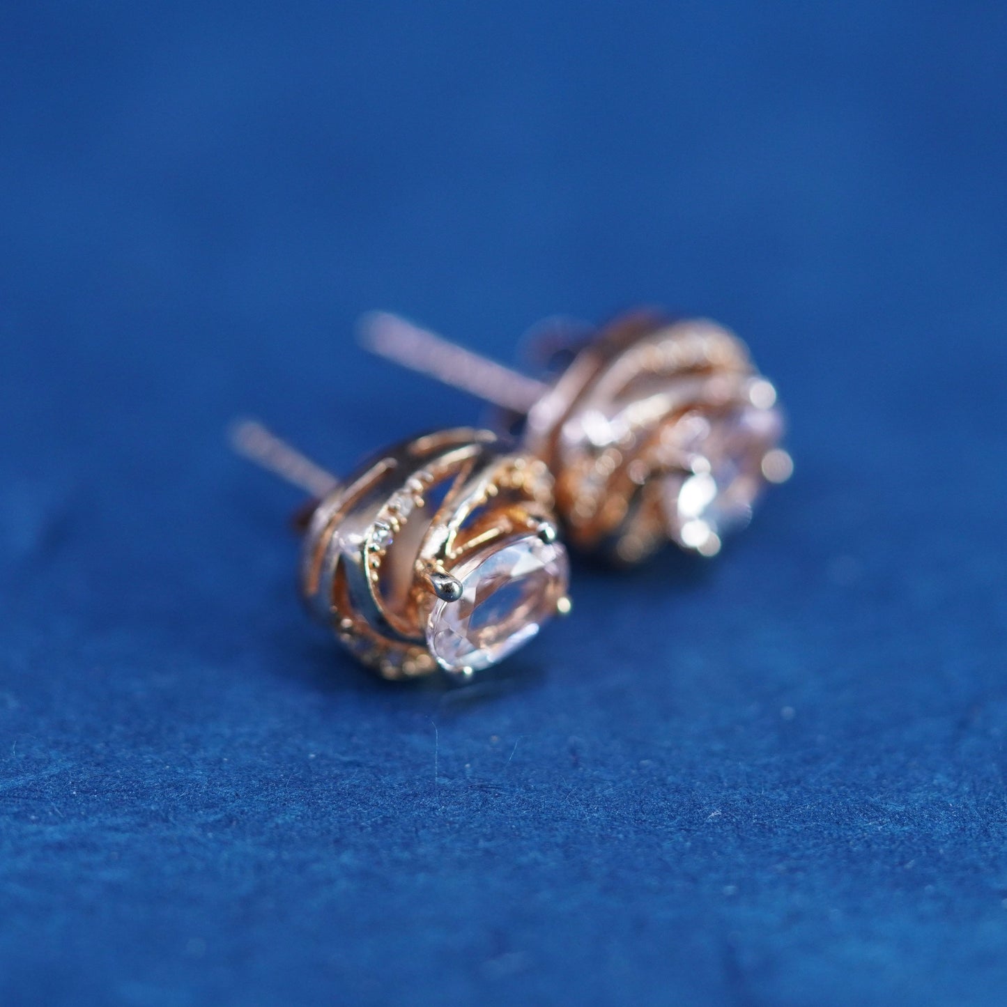 Vintage vermeil rose gold over sterling silver earrings, 925 studs w/ cz inlay