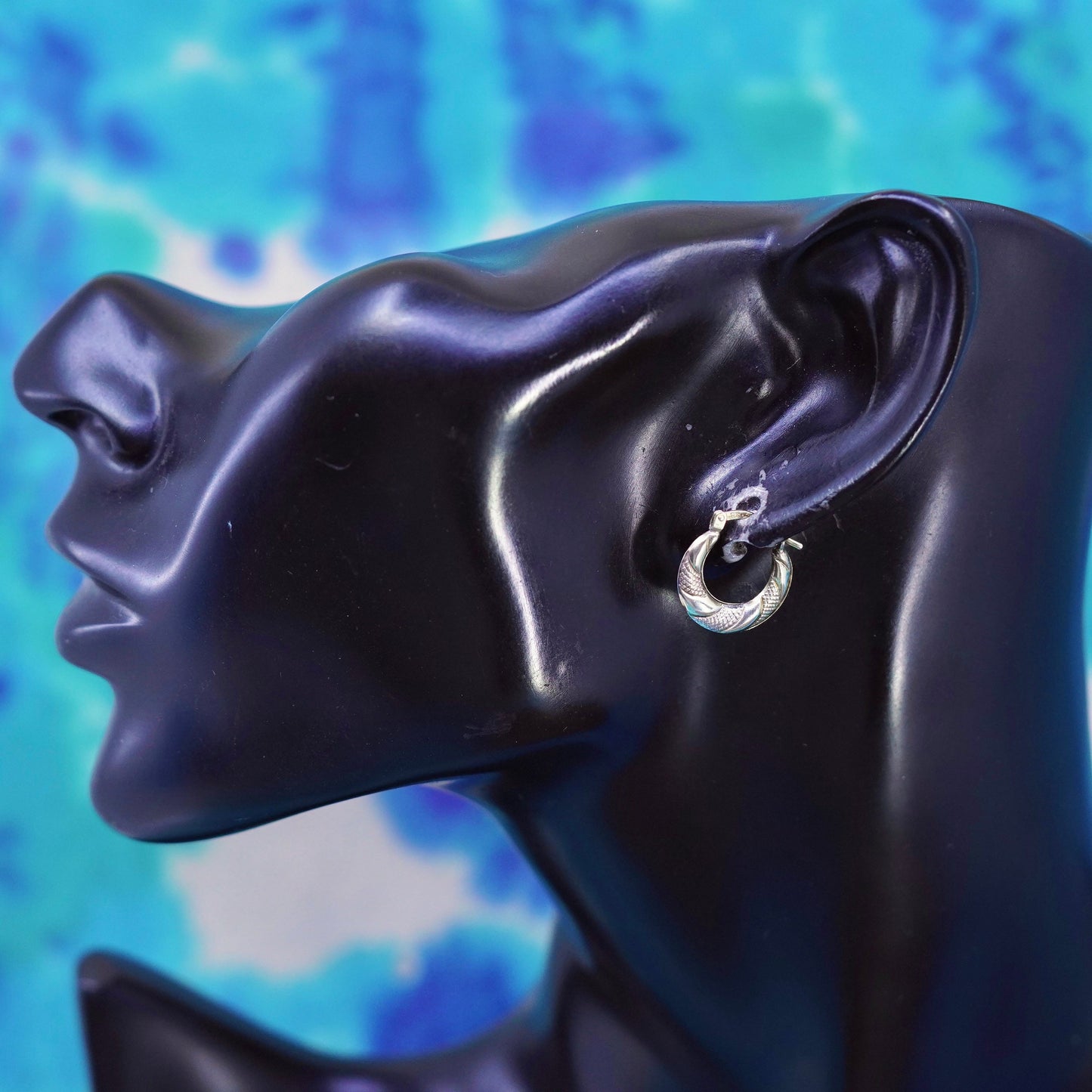 0.5”, 1/10 10K yellow gold Sterling silver textured hoop earrings, 925 huggie