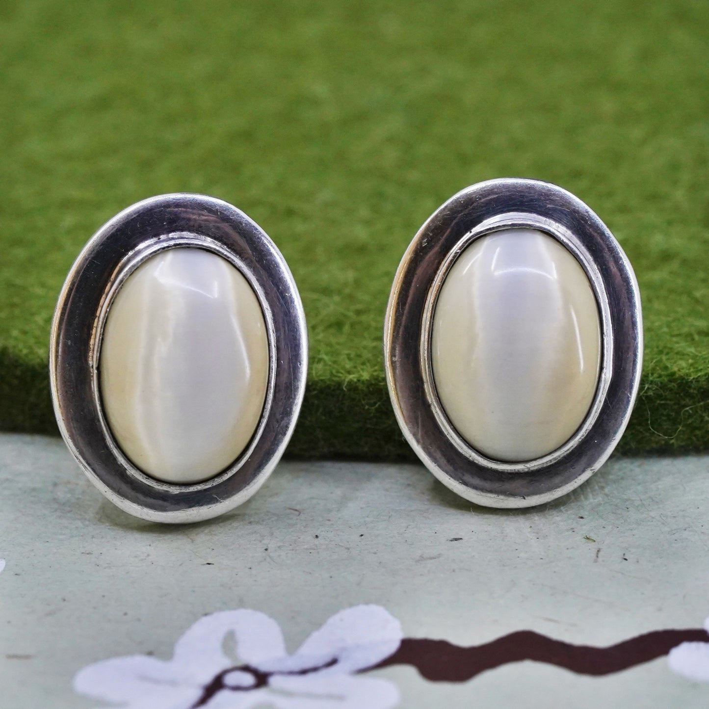 Mexican sterling silver earrings, Native American 925 studs oval cats eye