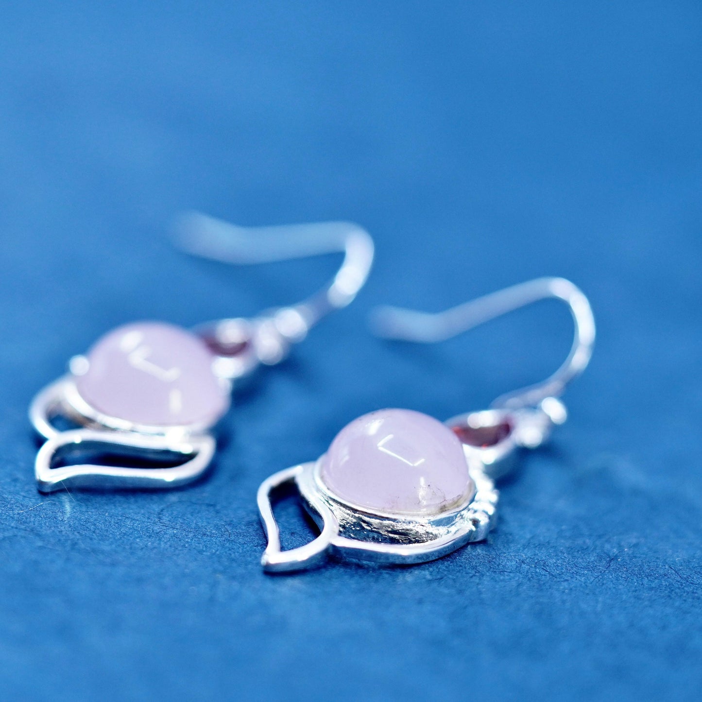 Vintage Sterling 925 silver handmade earrings with pink rose quartz and ruby