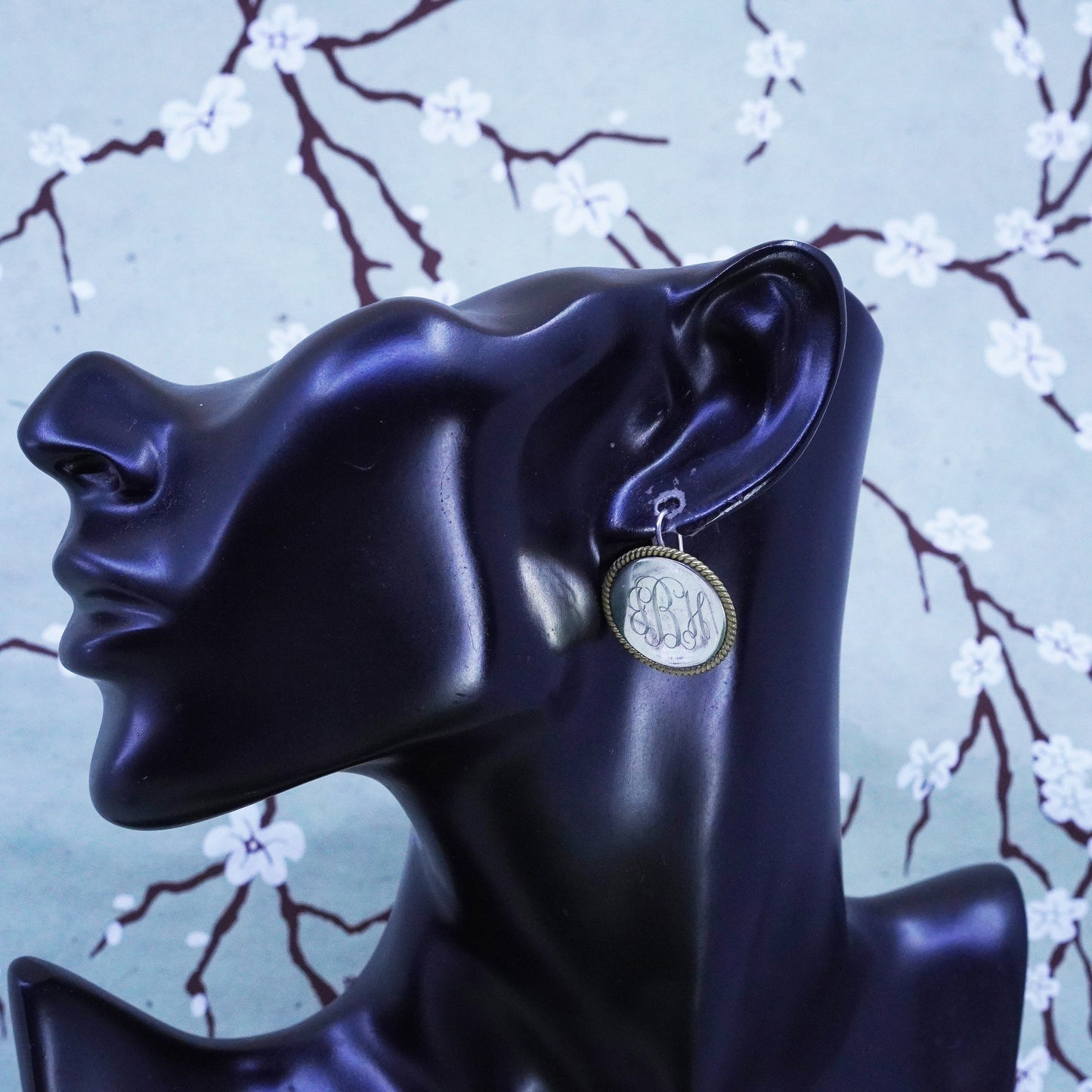 two tone mexico sterling silver earrings, 925 disc brass cable engravers “GBH”