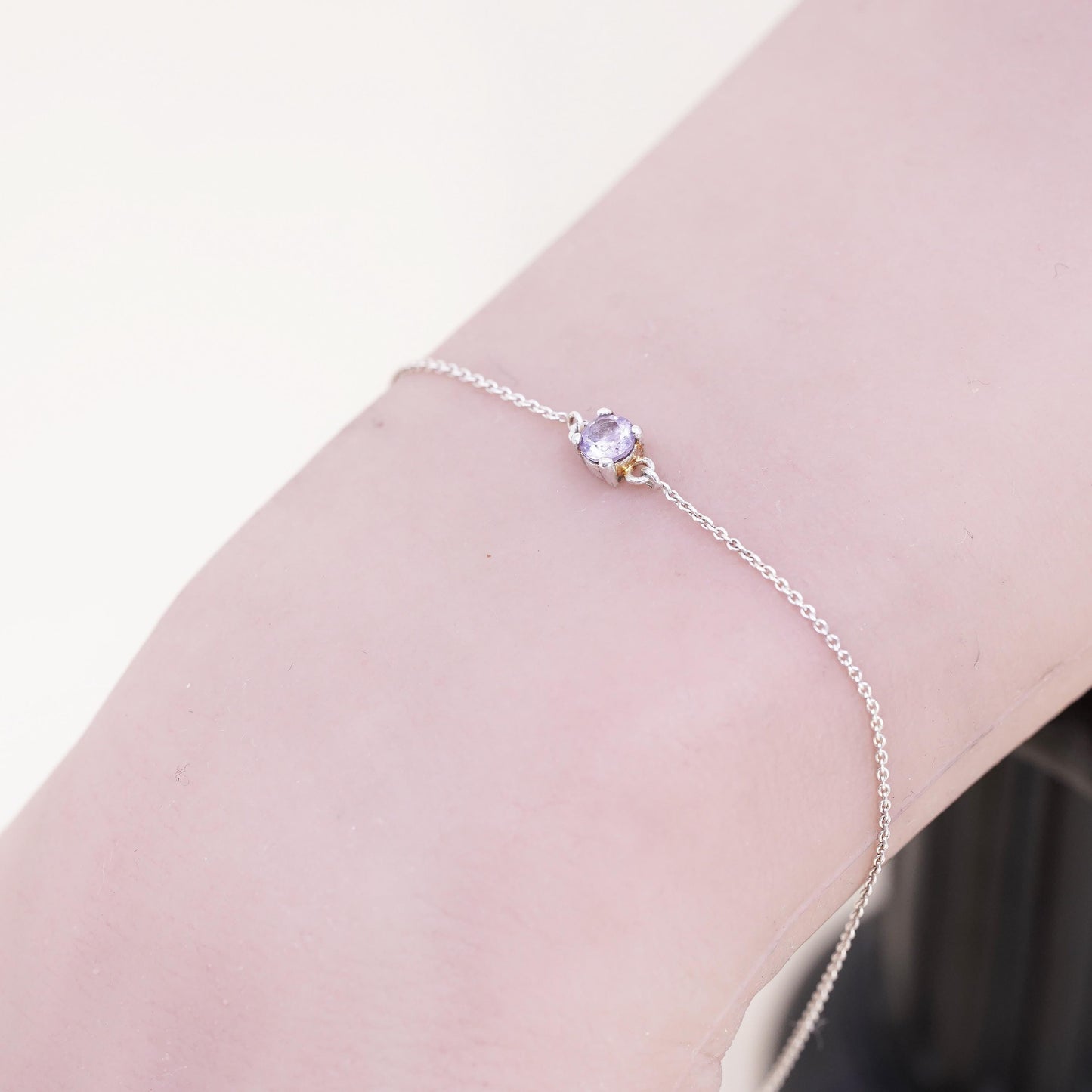 8.5”, Vintage sterling silver bracelet, 925 circle chain with amethyst