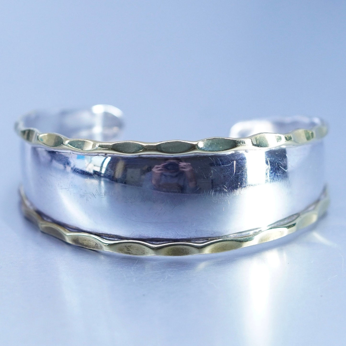 6.5”, Mexican two tone Sterling 925 silver handmade bracelet cuff brass trim