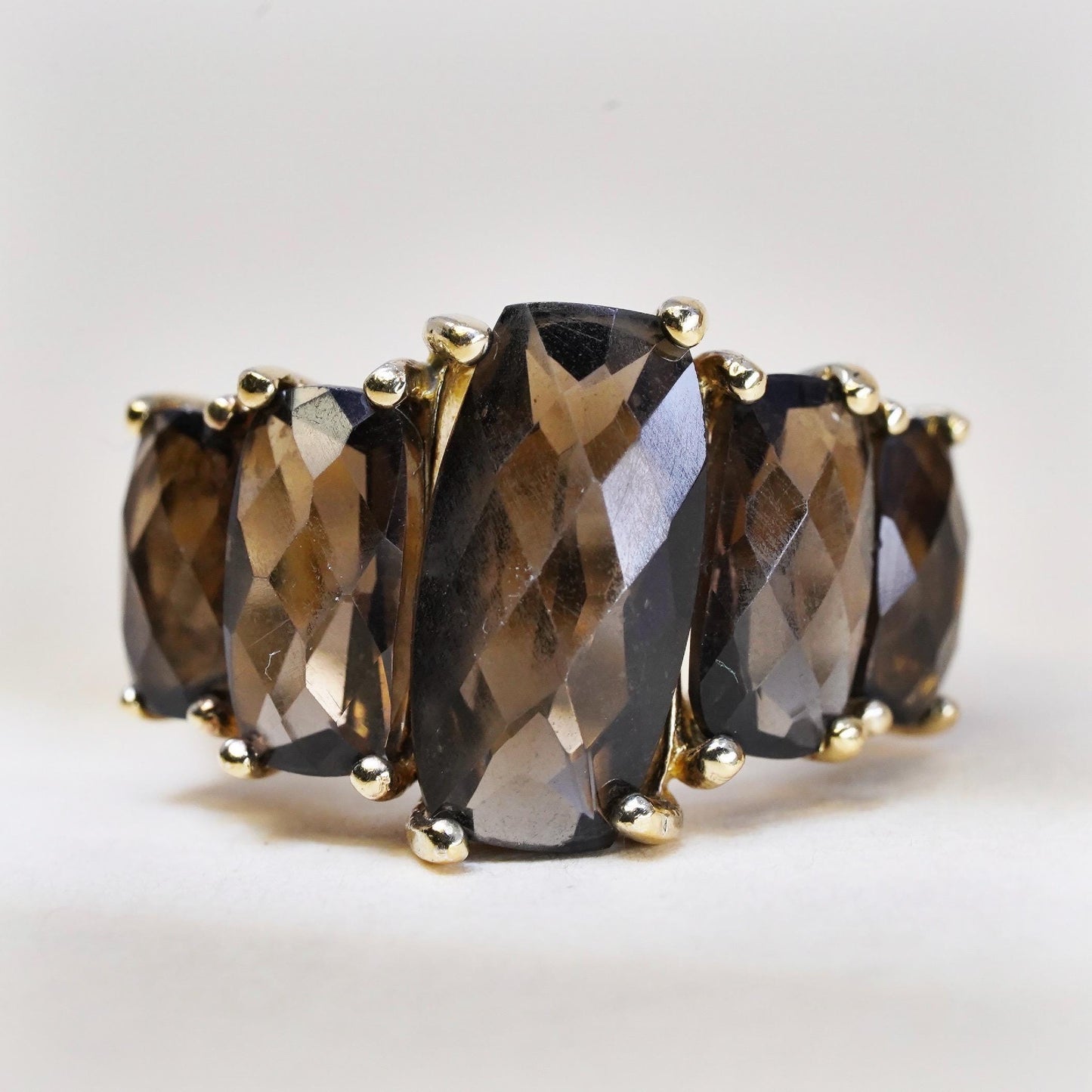 Size 6.25, Gold Plated 925 Sterling Silver Smoky Quartz Ring Cocktail Ring