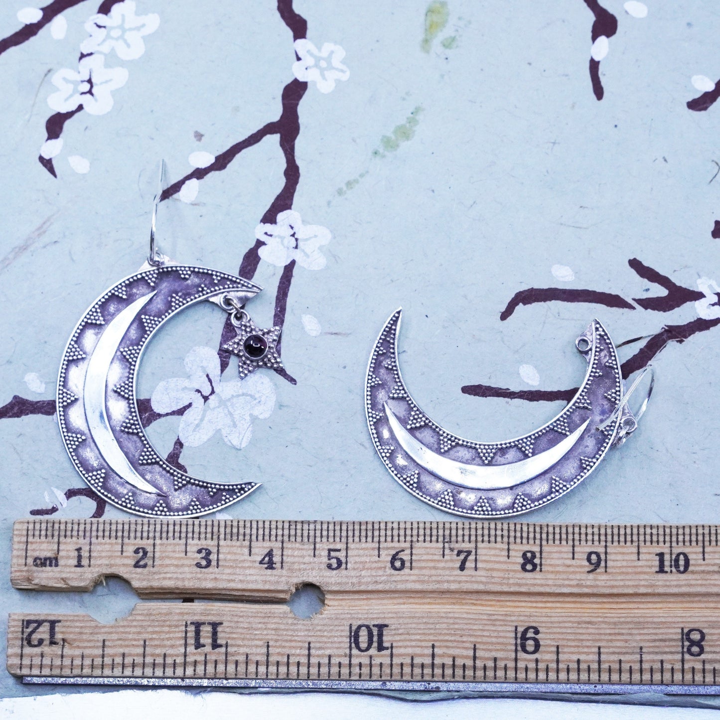 Vintage sterling silver handmade modern earrings, 925 moon drops w/ star charm
