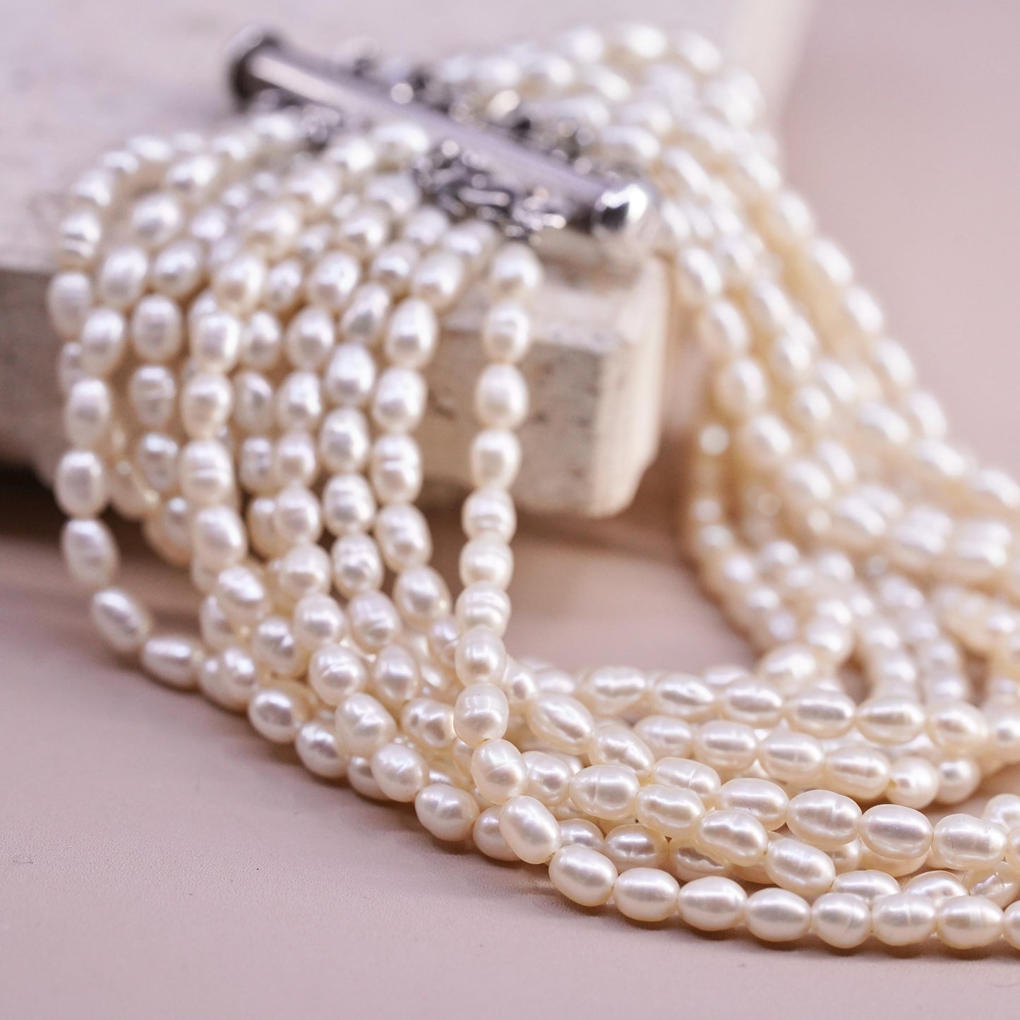 7", vintage Sterling 925 silver multi 10 strands bracelet cluster pearl beads