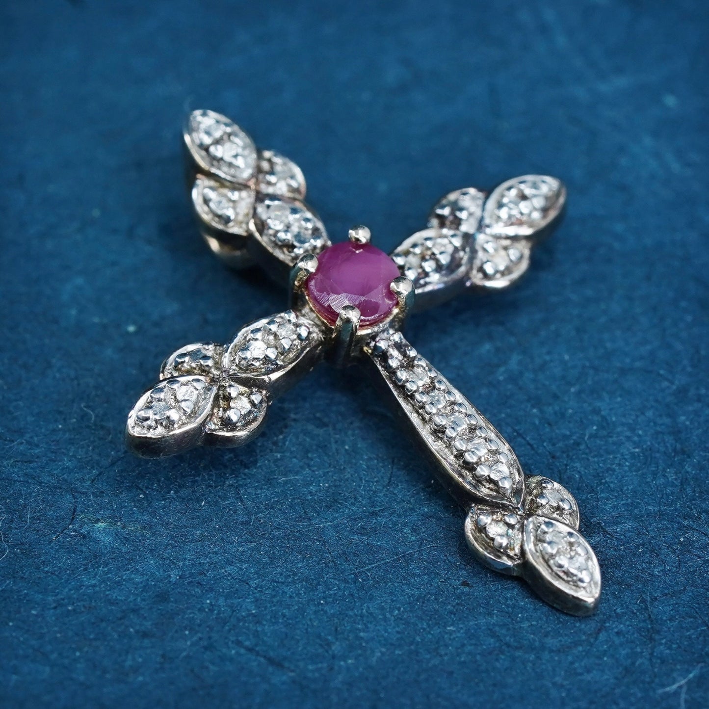 vermeil gold over Sterling silver pendant, 925 cross with genuine ruby diamond