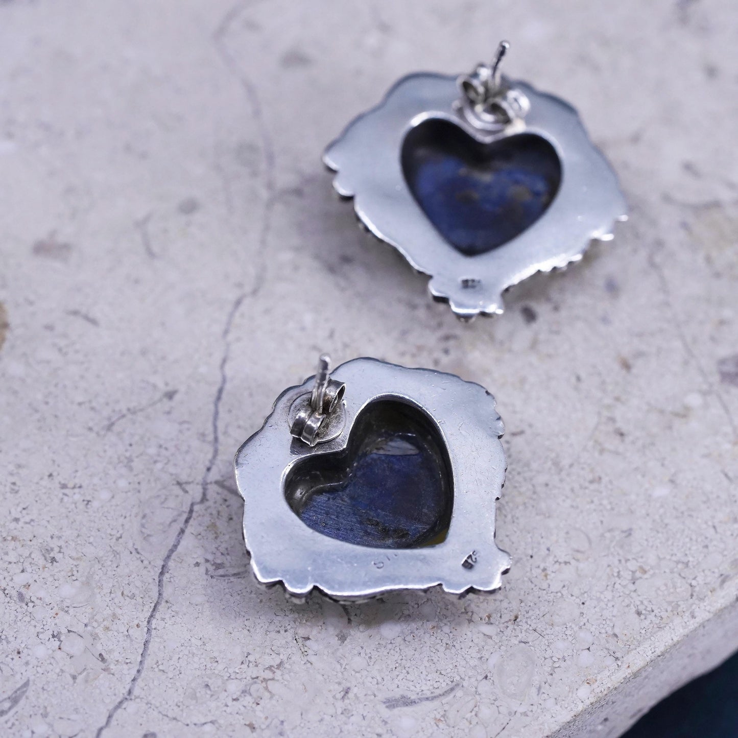 Vintage southwestern sterling silver earrings, 925 heart studs lapis lazuli