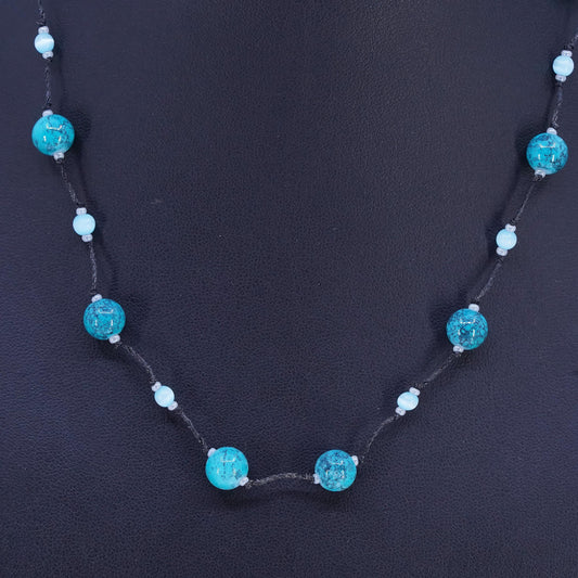 16" Vintage Sterling 925 silver necklace with turquoise blue cats eye and linen thread