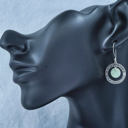 Vintage Sterling 925 silver handmade multi circle earrings with jade marcasite