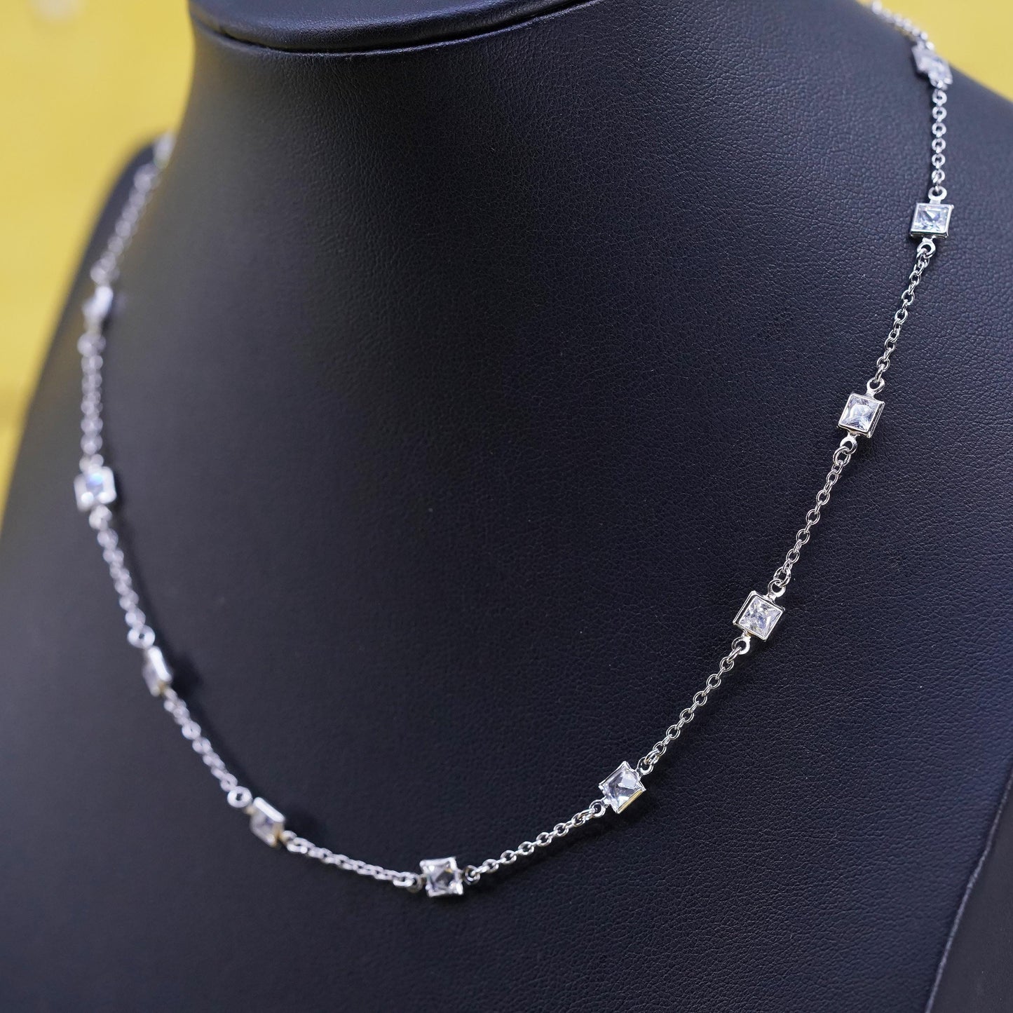 16”, vintage Sterling silver necklace, 925 circle chain with square Cz