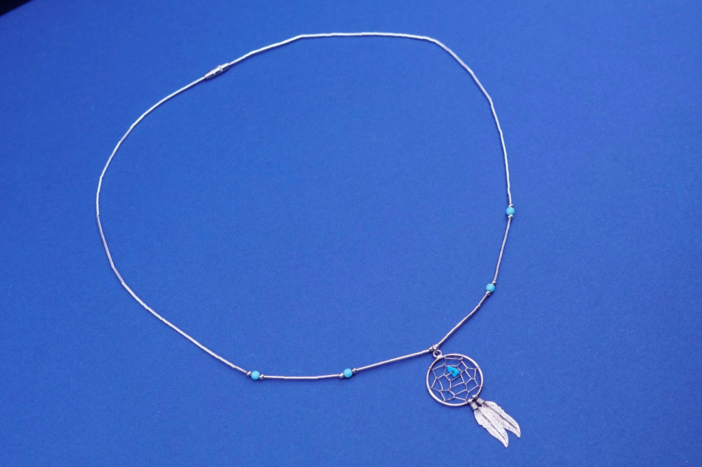 18”, Native Navajo Sterling 925 liquid silver chain turquoise N feather pendant