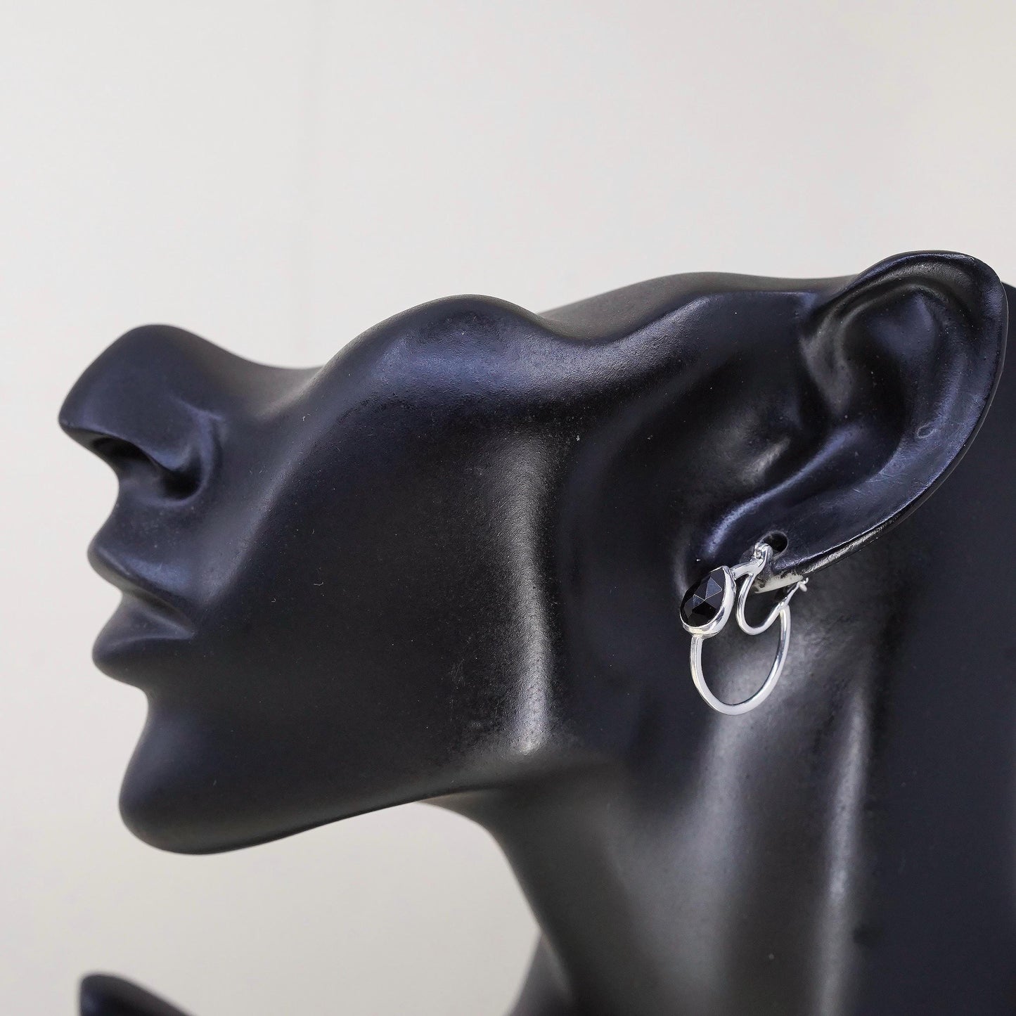 1" Vintage D’Joy sterling silver bold loop earrings, hoops teardrop black onyx