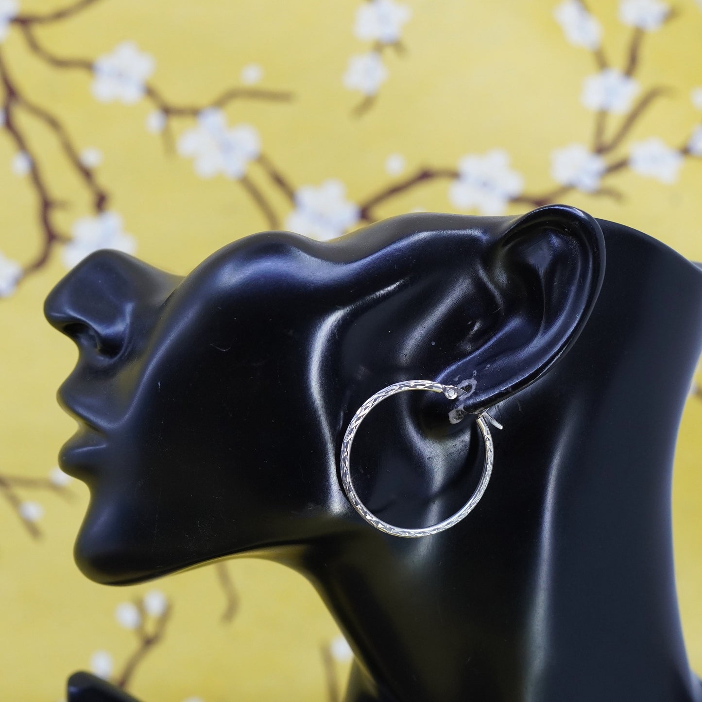 1.25”, vintage Sterling silver handmade earrings, textured 925 silver hoops