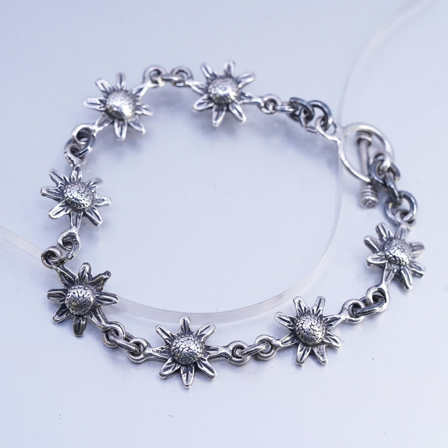 6.5", Vintage Mexican Sterling 925 silver handmade bracelet, sunflower chain