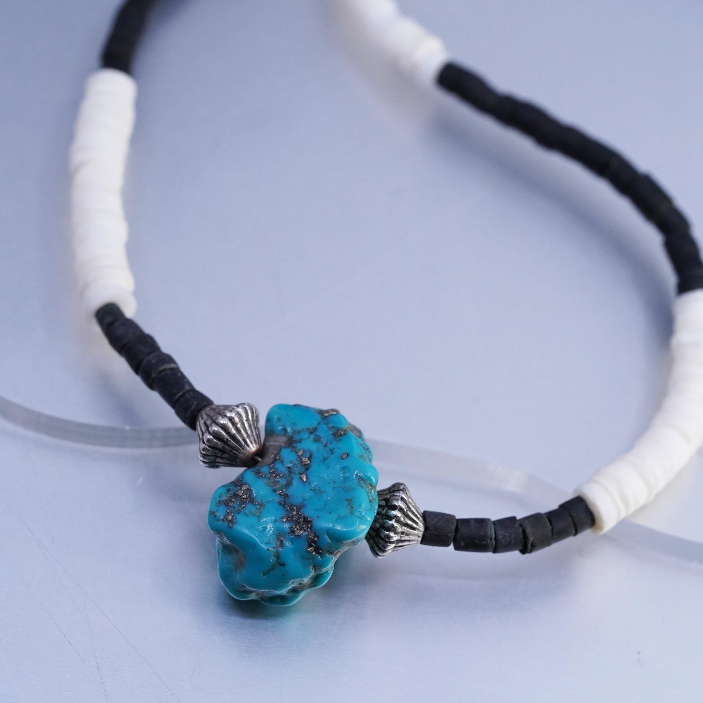 18", VTG Sterling 925 silver handmade heishi necklace turquoise nugget pendant