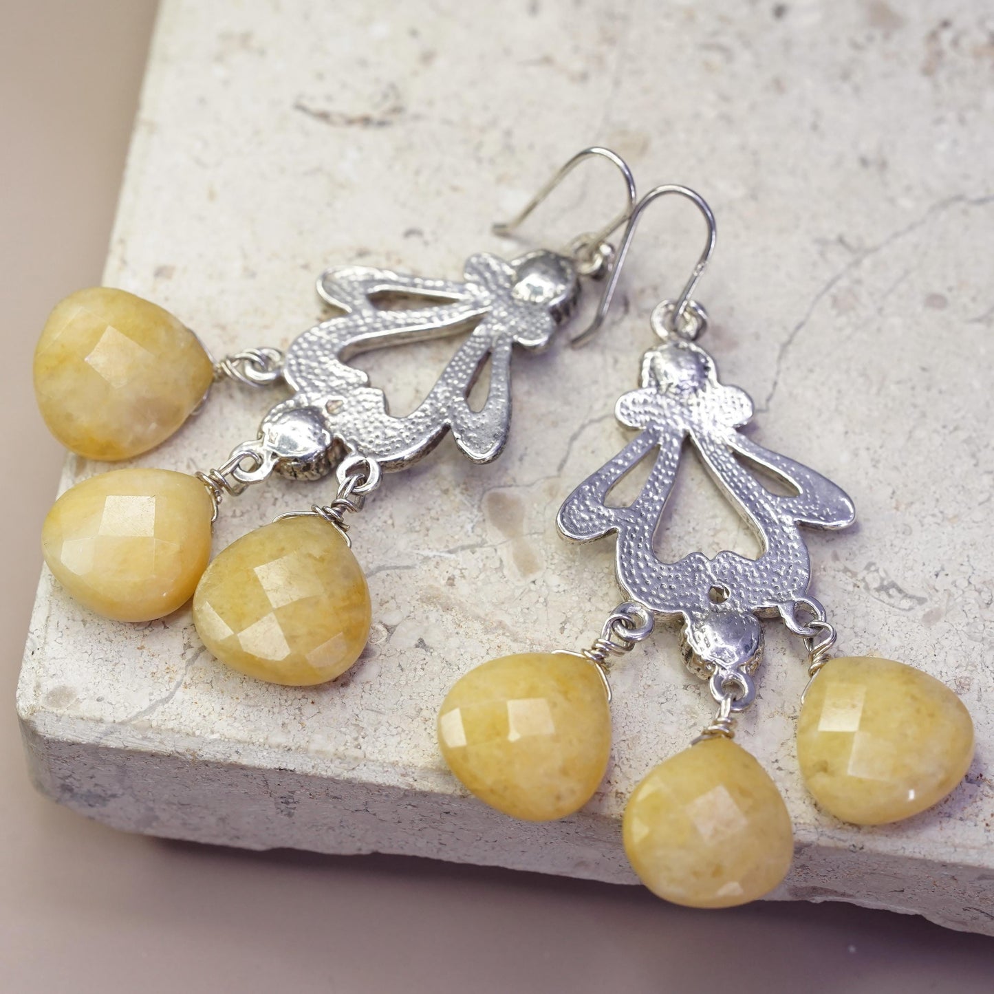 Vintage Sterling 925 silver handmade filigree earrings with teardrop citrine