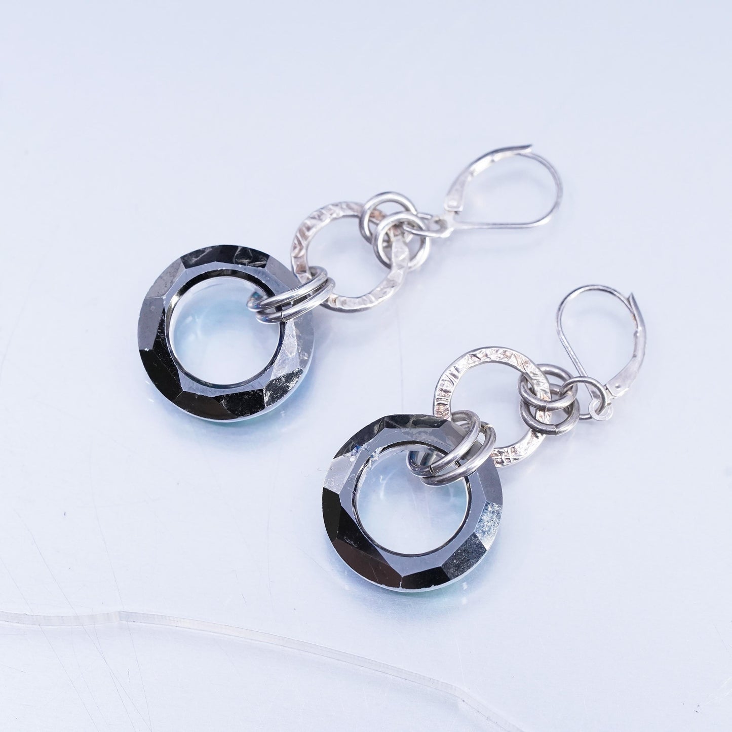 Vintage Sterling 925 silver handmade entwined circle earrings blue AB crystal