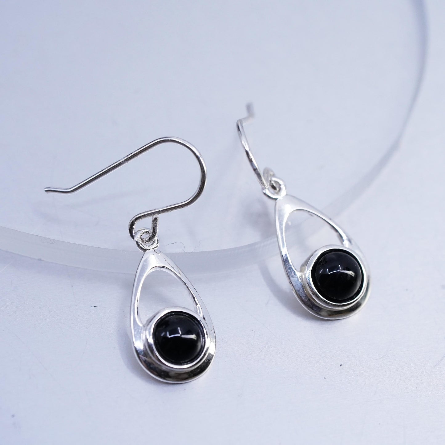 Vintage Sterling 925 silver handmade teardrop earrings with black onyx