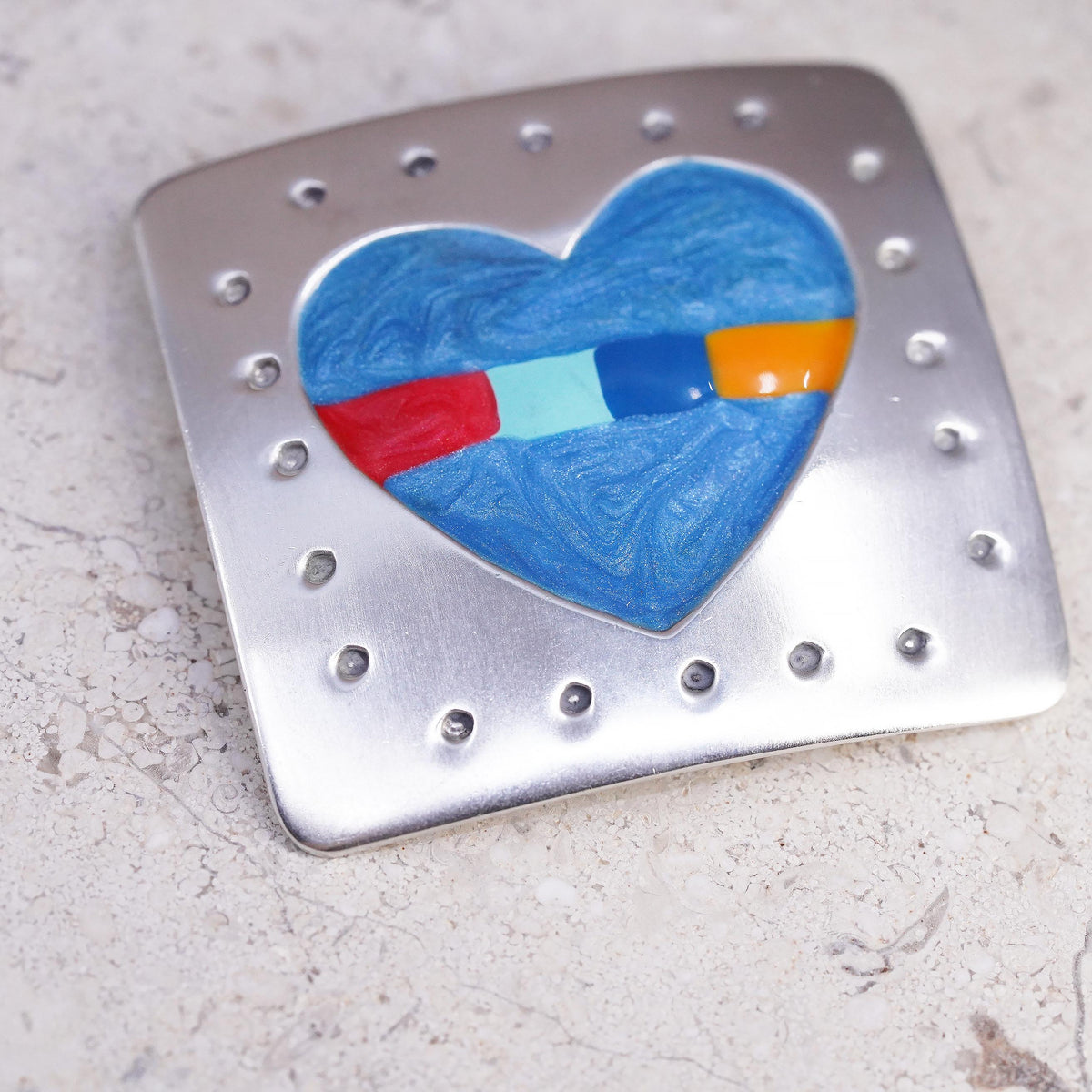Sterling Silver Enamel Heart Brooch, Colorful Modernist Artisan Pin Square 925