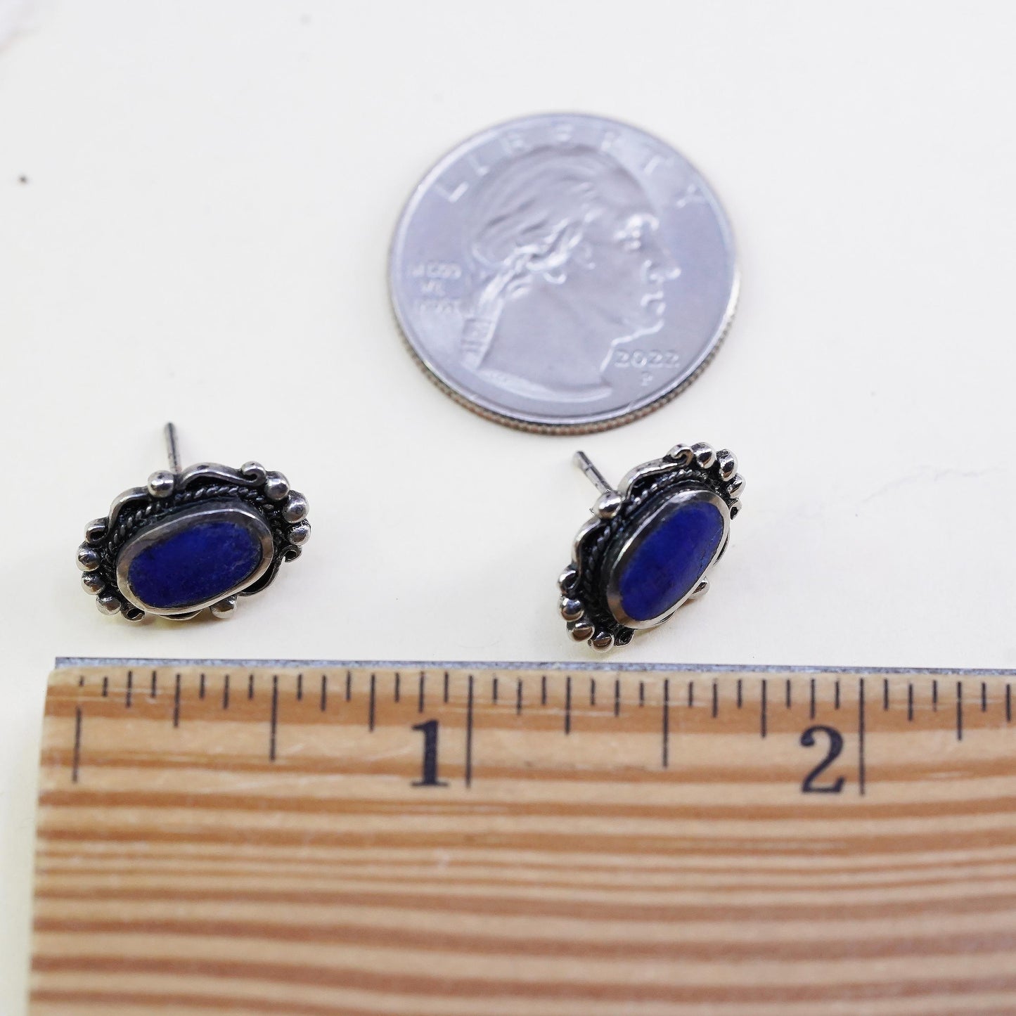 Vintage Sterling silver handmade earrings, 925 studs lapis lazuli and beads