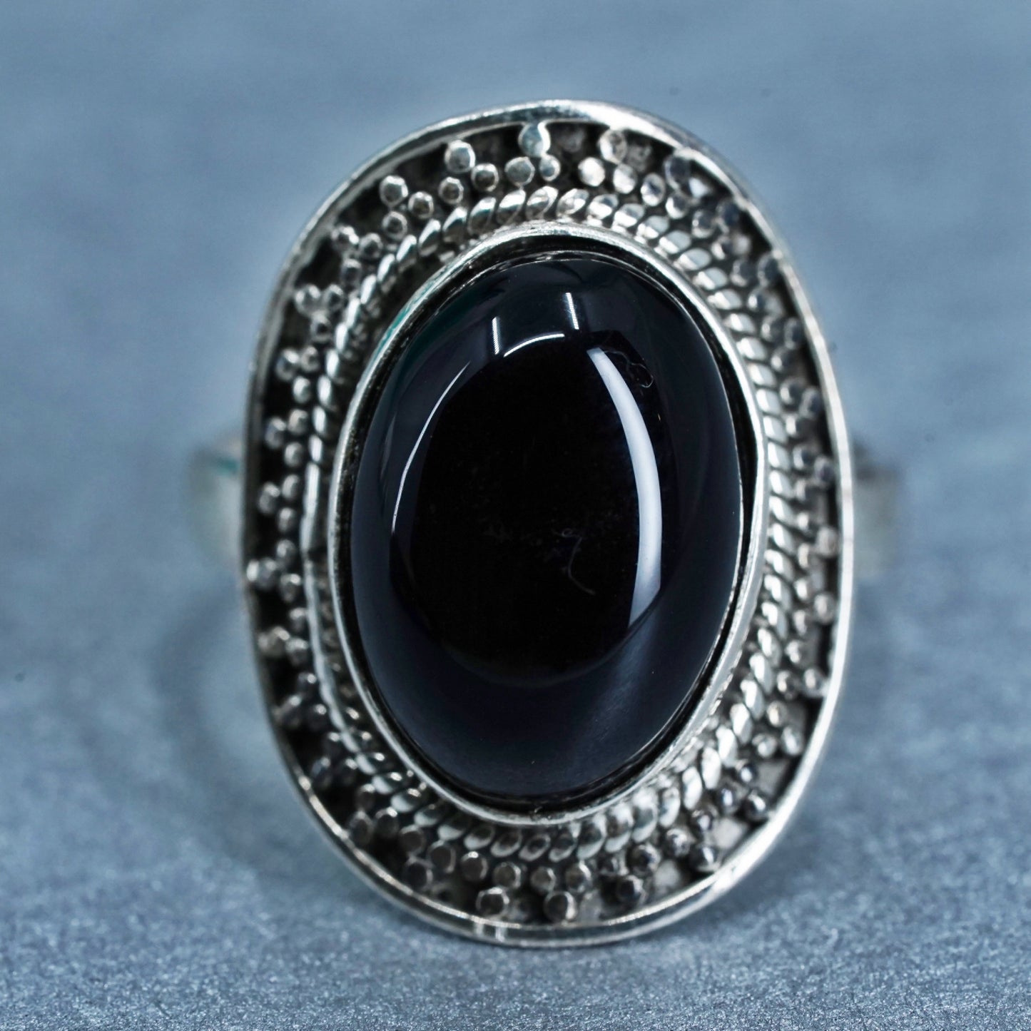 Size 6, vintage Sterling 925 silver handmade ring with onyx and beads