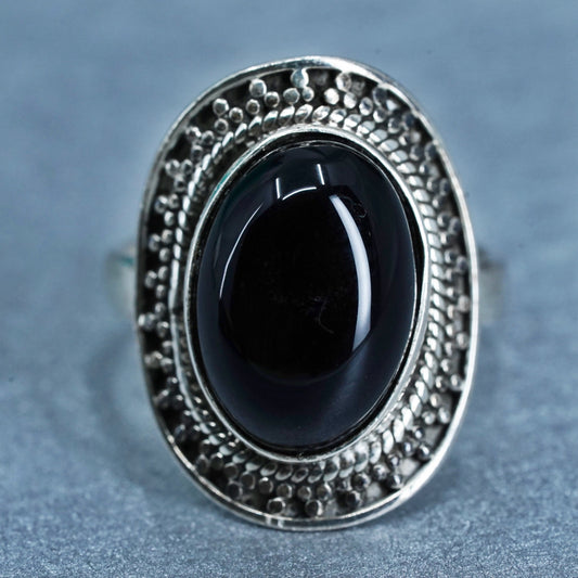Size 6, vintage Sterling 925 silver handmade ring with onyx and beads