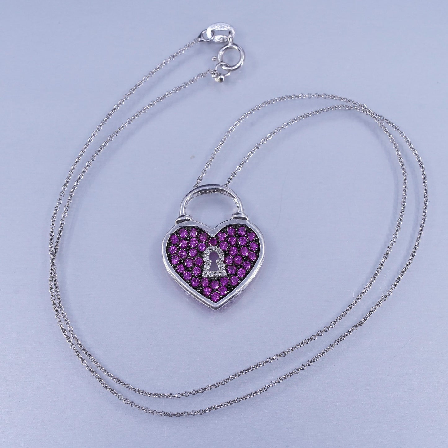 18”, sterling 925 silver necklace, circle chain pink crystal heart lock pendant