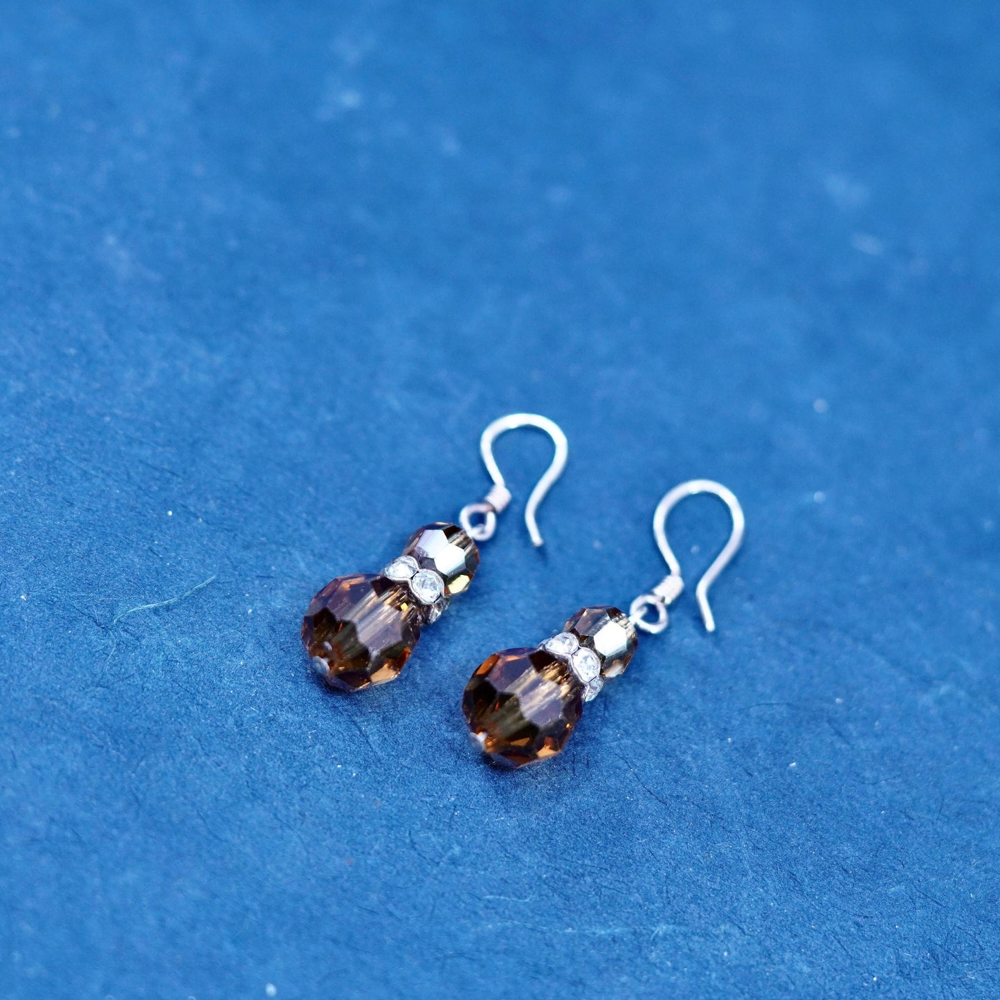 Vintage sterling silver earrings, 925 silver with smoky crystal dangles