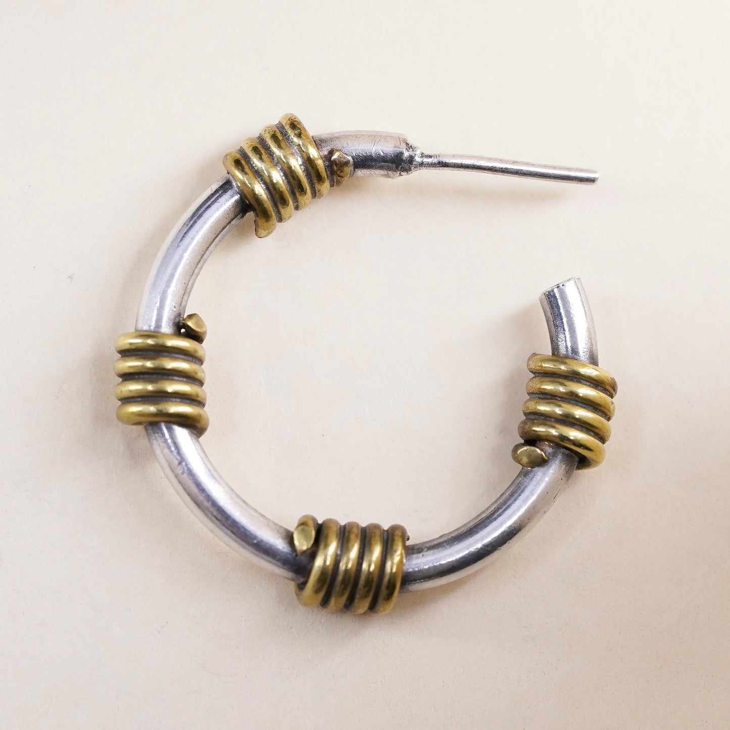 1", Vintage two tone sterling silver single earring, hoop stud with brass wired