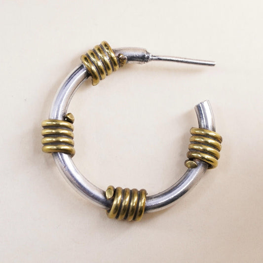 1", Vintage two tone sterling silver single earring, hoop stud with brass wired
