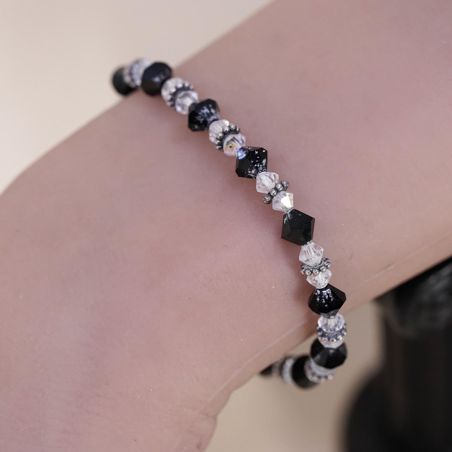 6.5", vintage Sterling silver bracelet, 925 beads black Crystal toggle closure