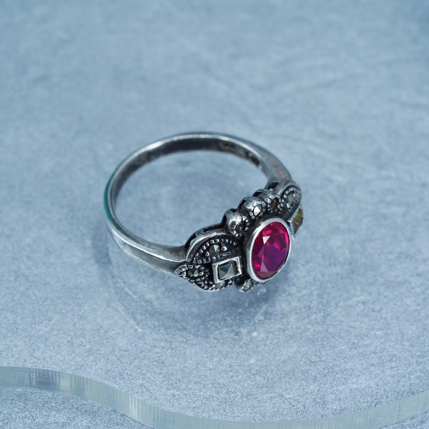 Size 9.5, Sterling 925 silver handmade statement ring with ruby and marcasite