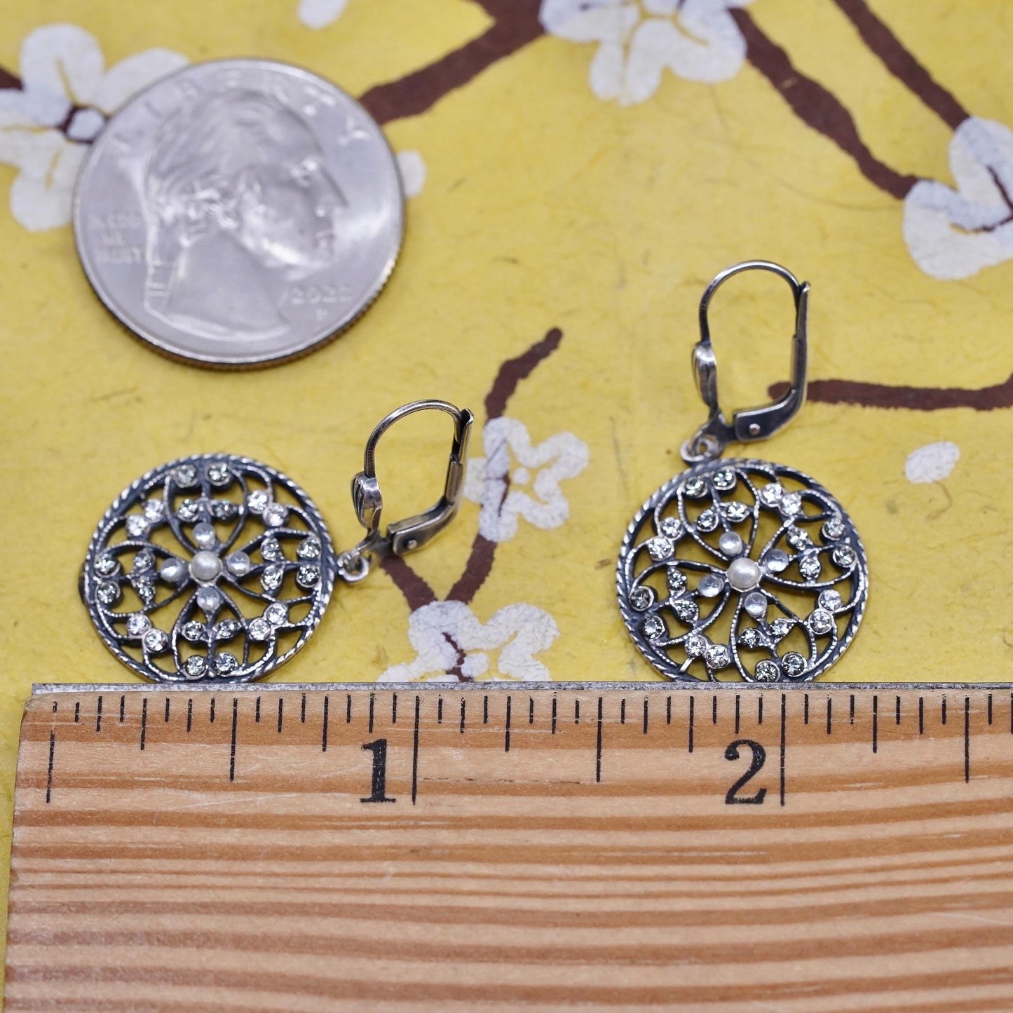 Vintage Sterling silver handmade earrings, 925 circle with cluster cz and pearl