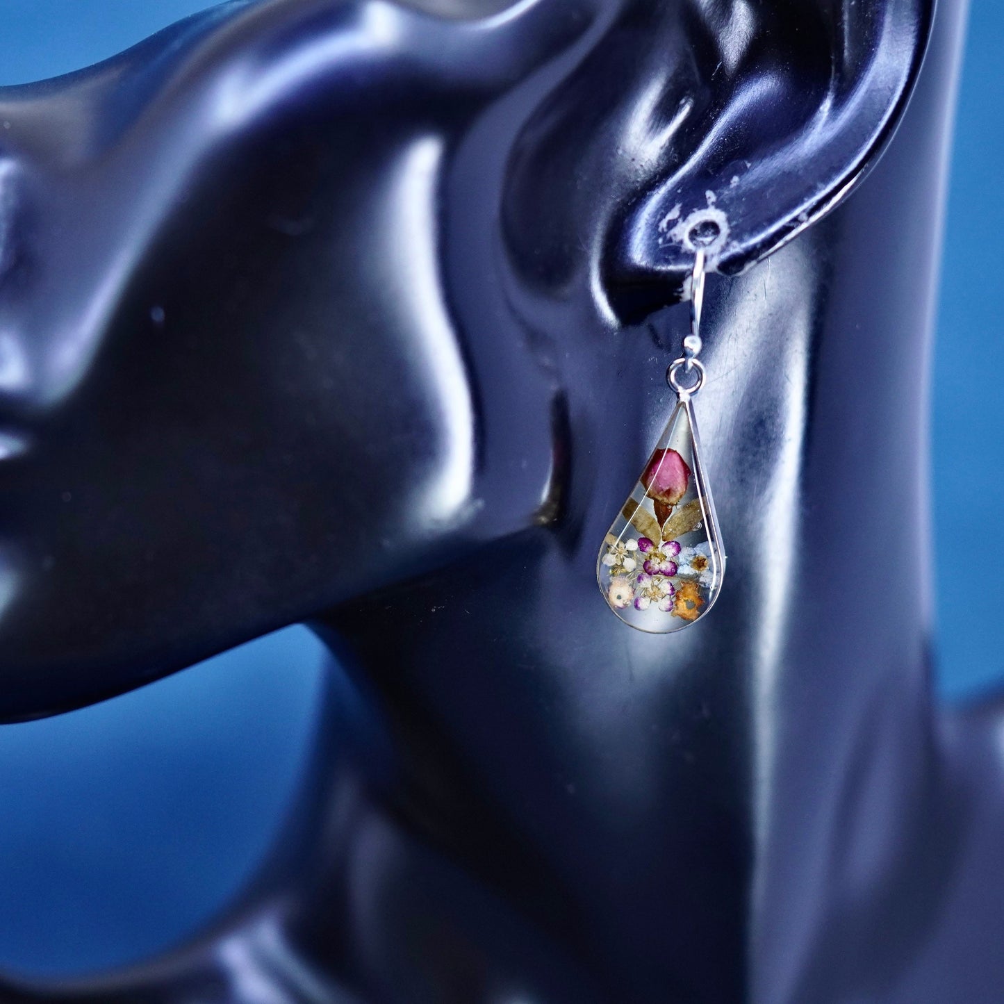 Vintage sterling silver handmade earrings, 925 teardrop with resin flower inlay