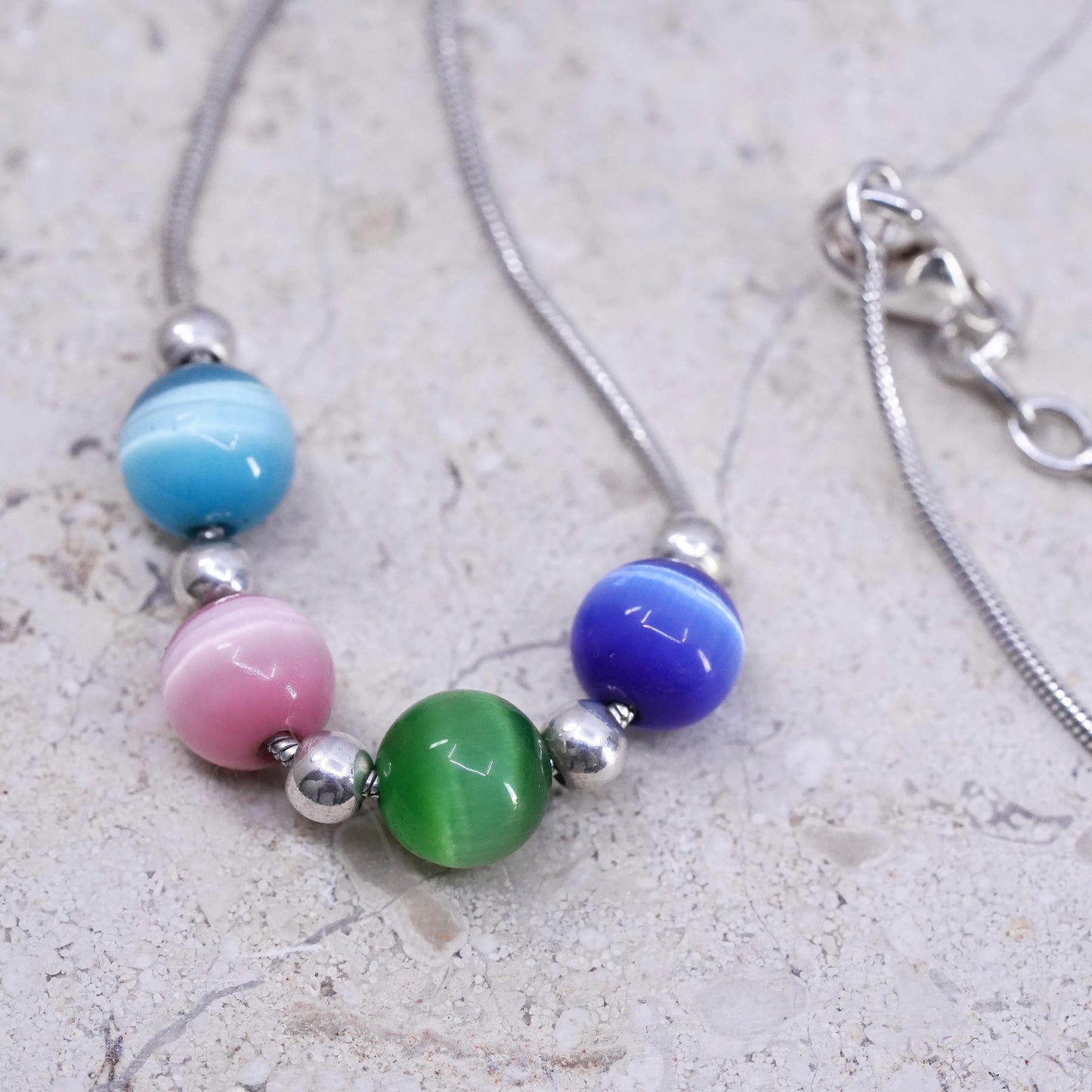 16", VTG Sterling silver necklace, 925 snake chain with colorful cat eye beads