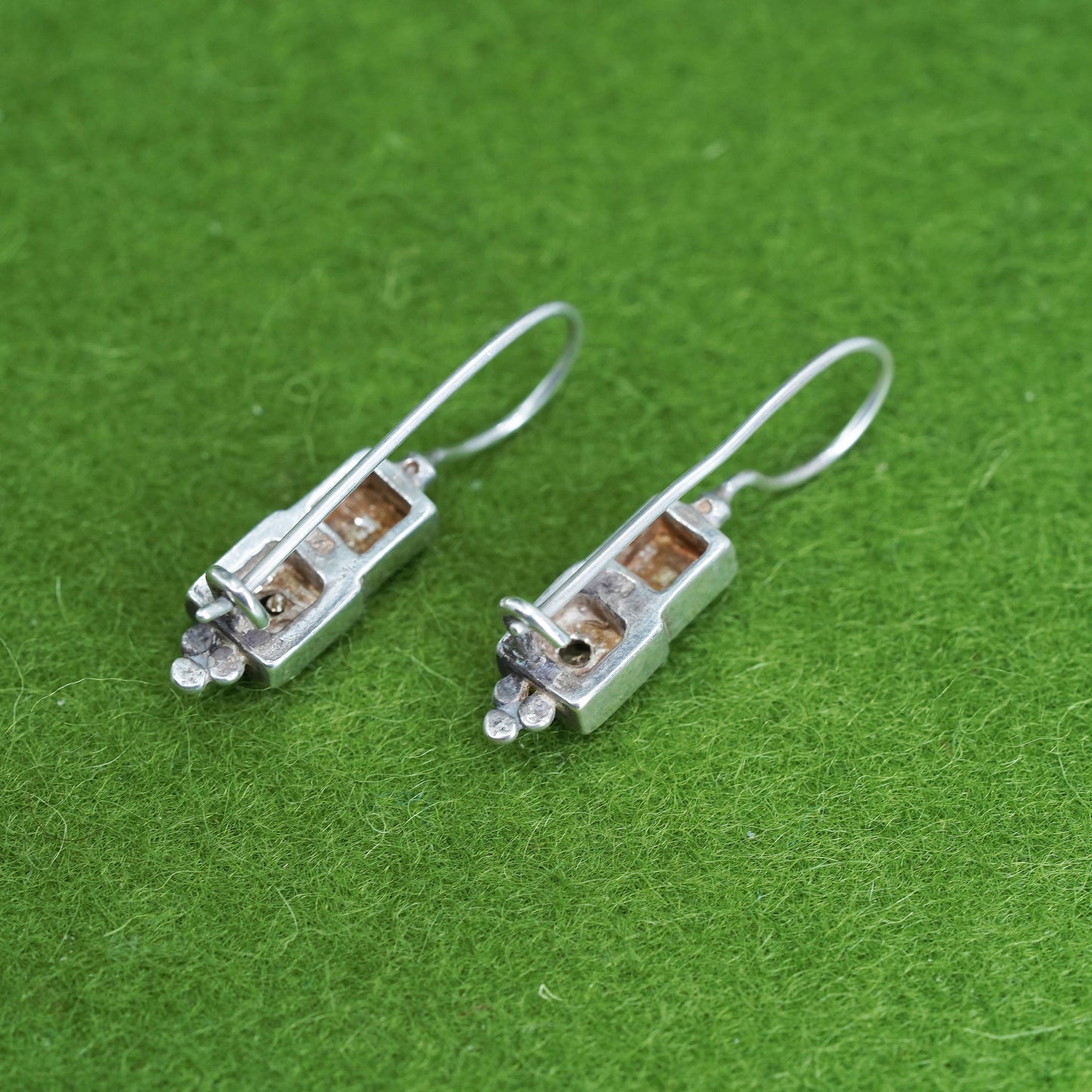Vintage two tone Sterling 925 silver handmade earrings with 14K gold square