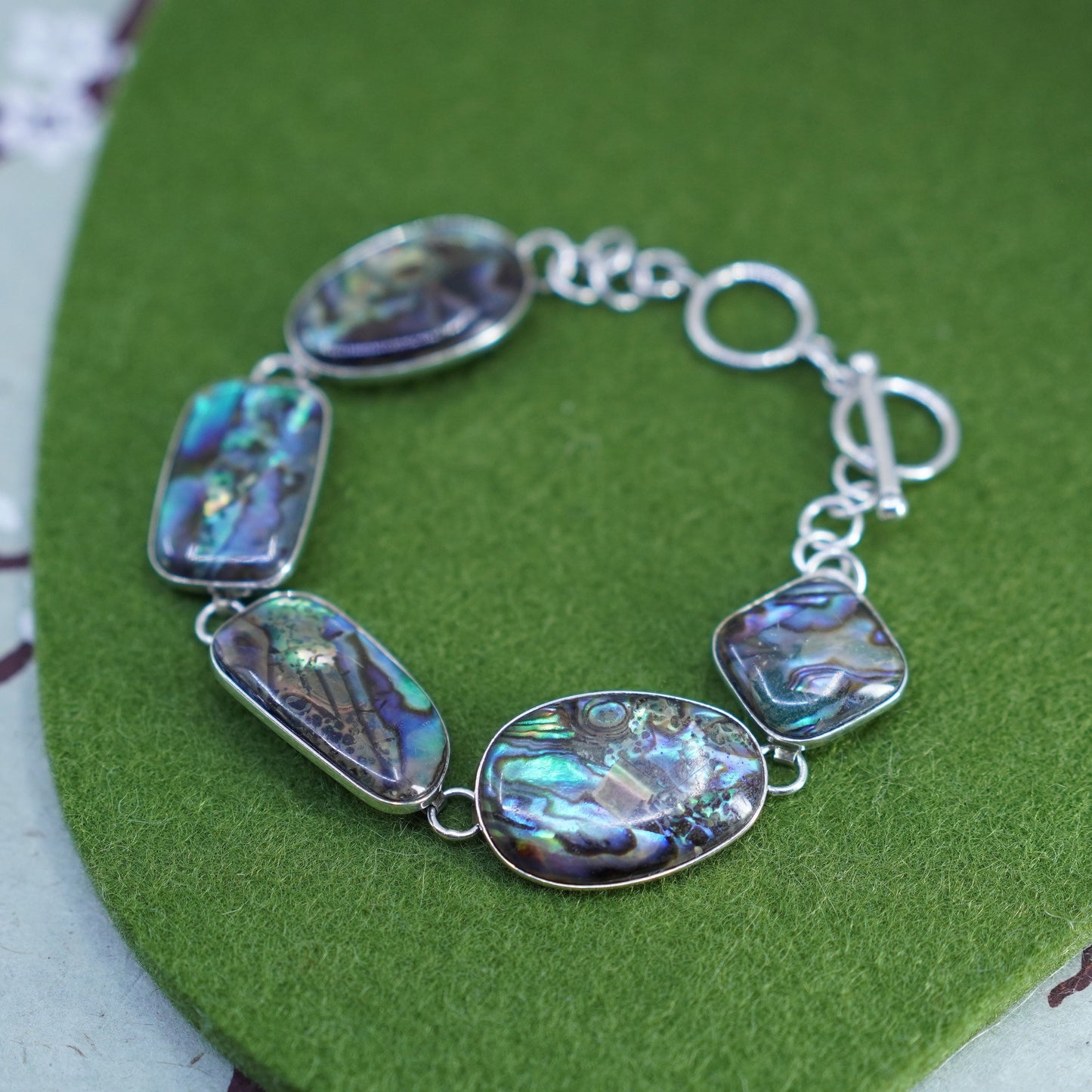 7.75”, vintage LUC 925 sterling silver handmade bracelet with abalone inlay