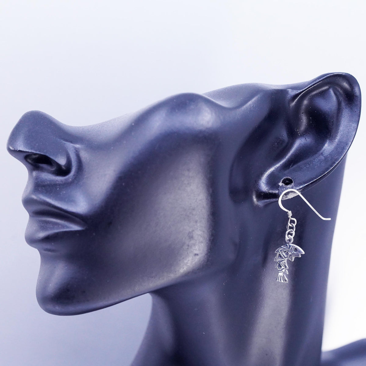 Vintage Sterling Silver 925 Fish Dangle Earrings, Geometric Fish Skeleton Drops
